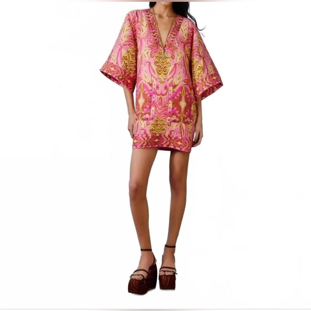 Farm Rio pineapple tapestry studded linen shift dress